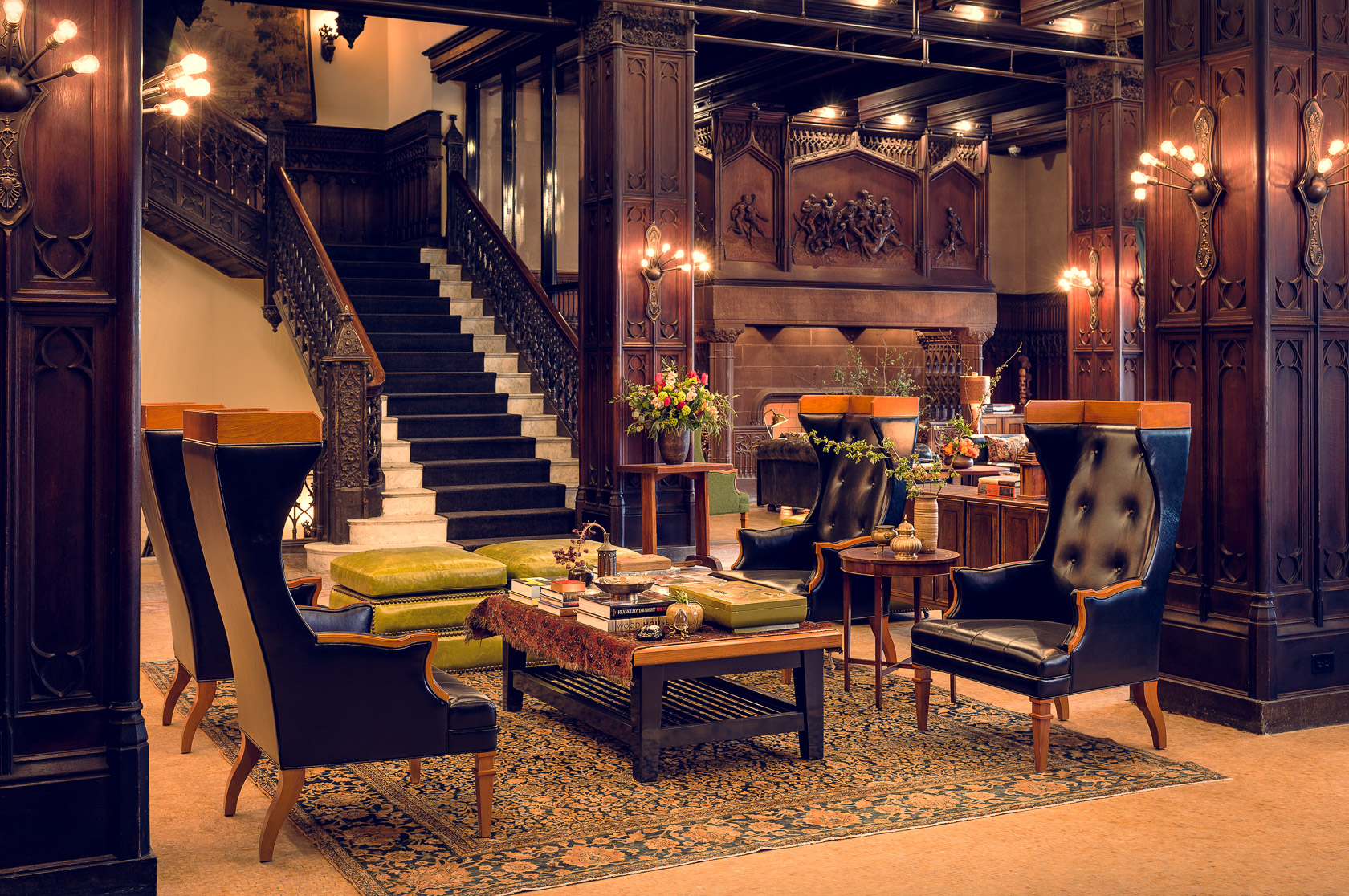chicago athletic Association hotel lobby with decorative vintage wood paneling and eclectic furniture