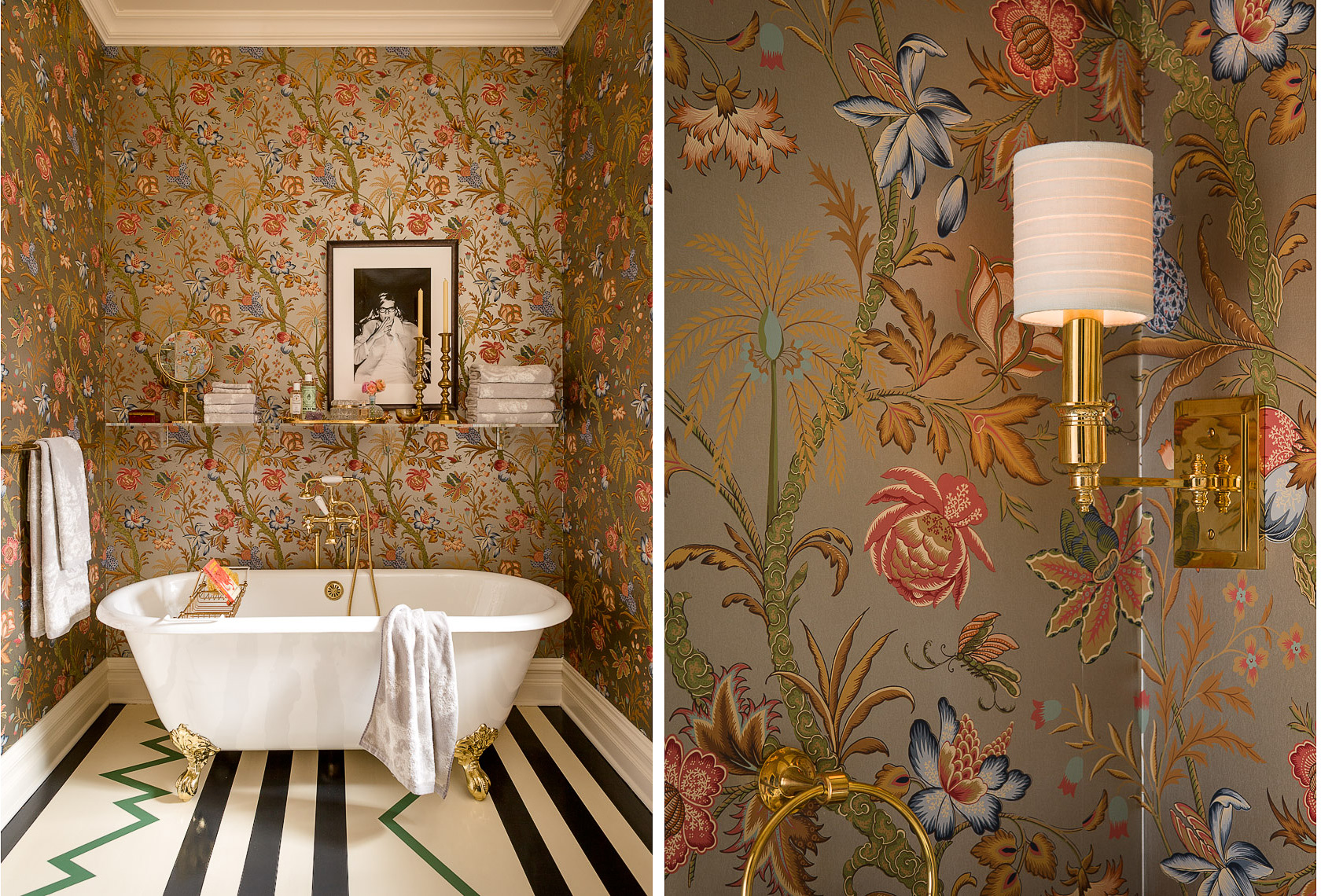 bathroom tub with floral wallpaper