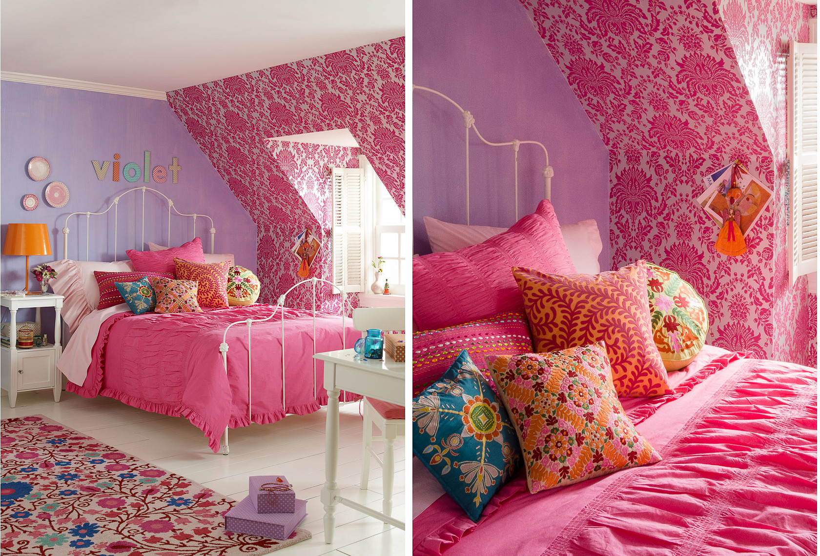 pink and purple girls room with pillows on bed