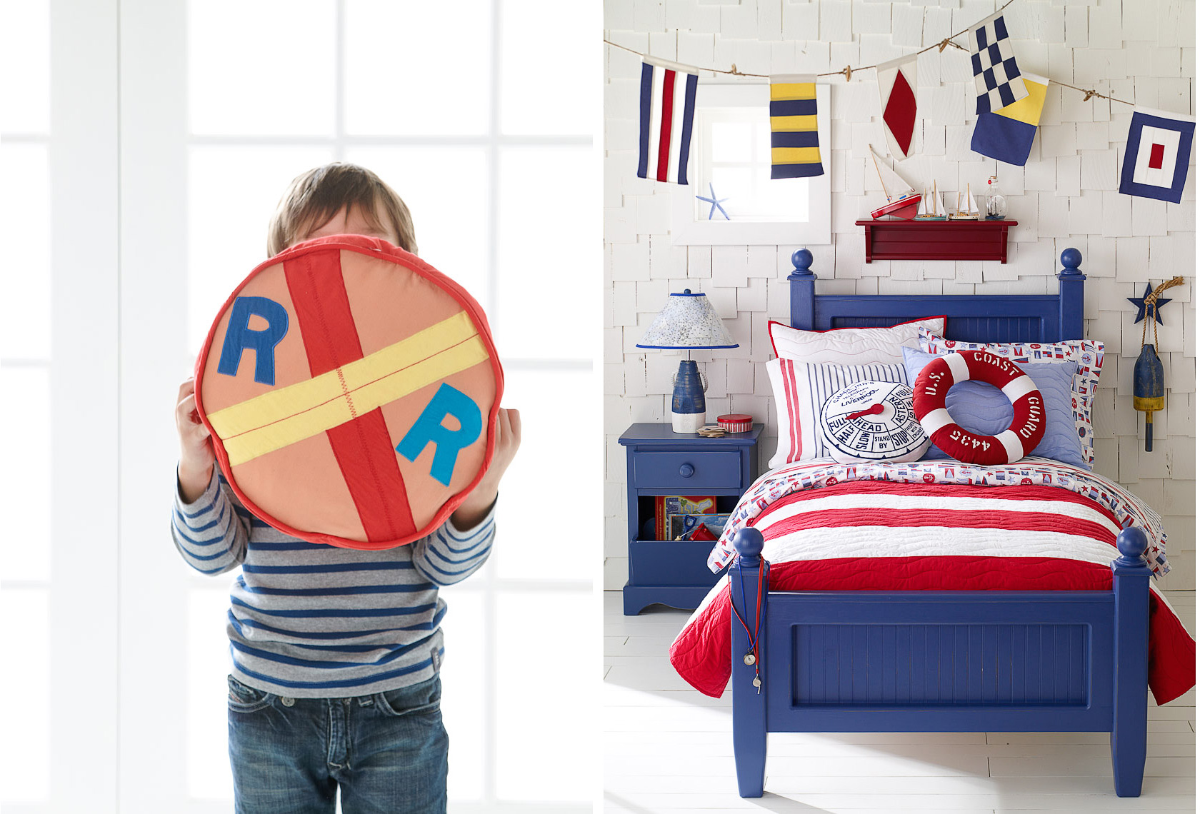 boys bedroom with train design on pillows