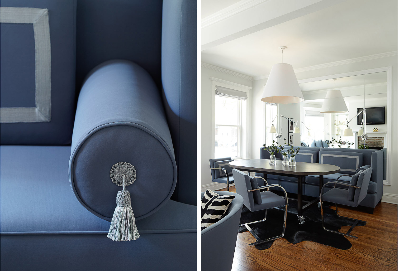 Blue upholstered pillows on blue sofa and thistle in vase