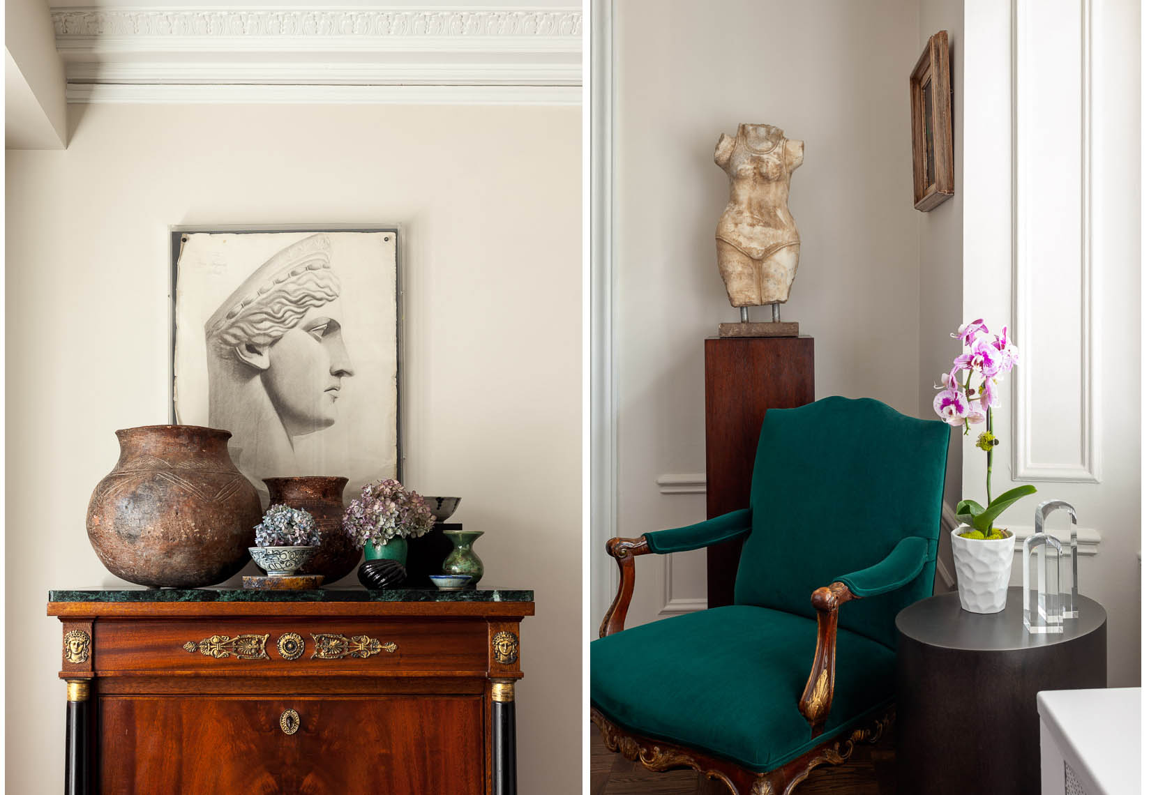 Vintage apartment with urn and bust next to green upholstered chair