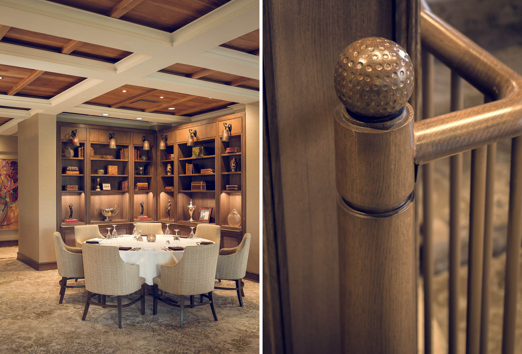 Golf club restaurant with golf ball detail on wood railing
