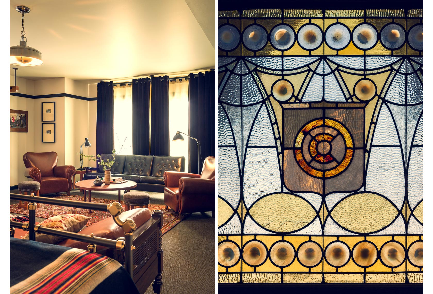 hotel bedroom and stained glass window