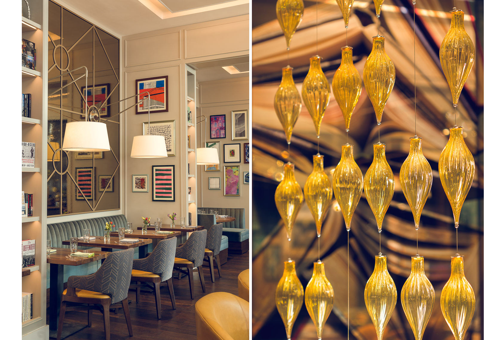 restaurant with mirrors and art on the walls and abstract glass bead divider