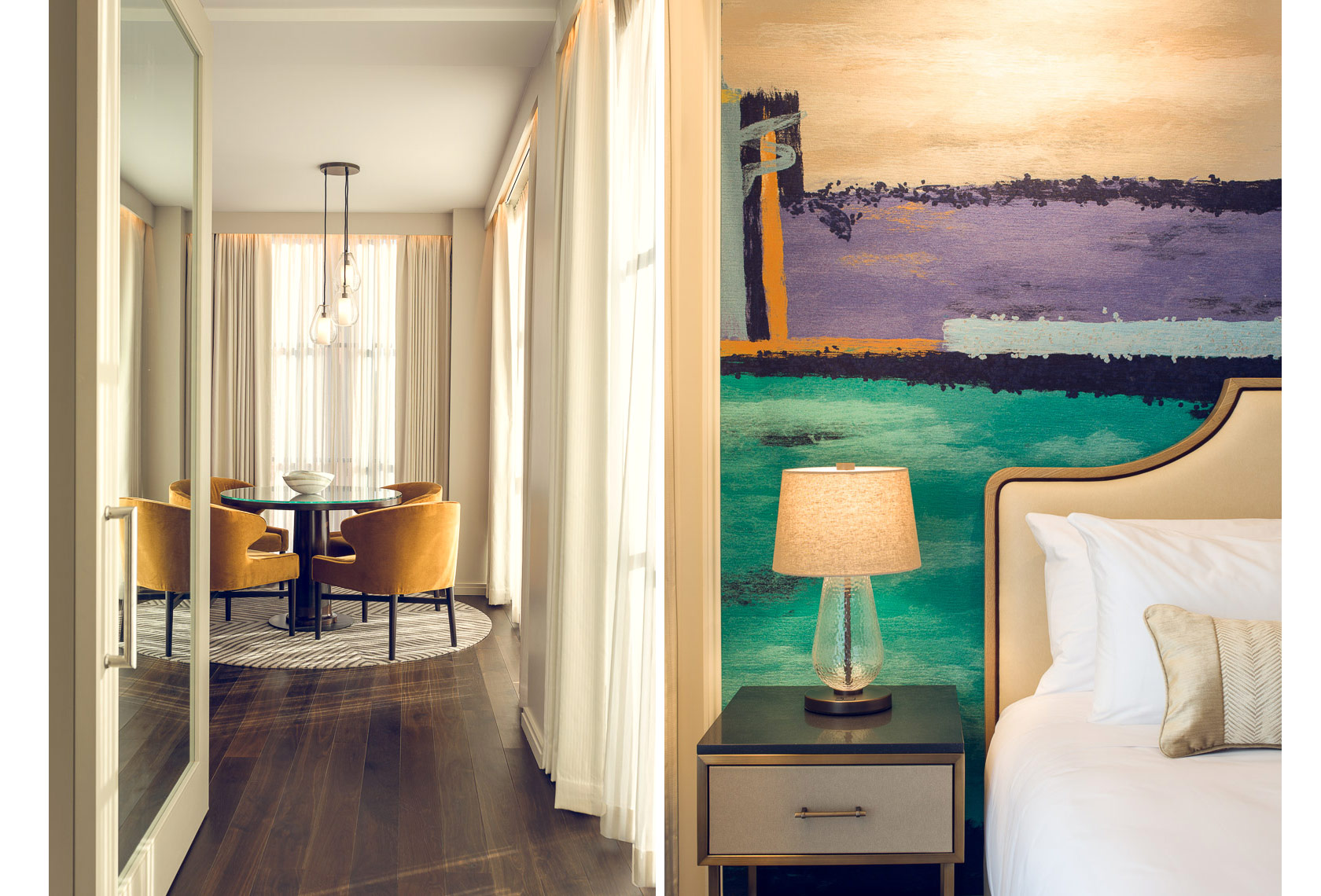 Hotel bedroom interior with colored wall